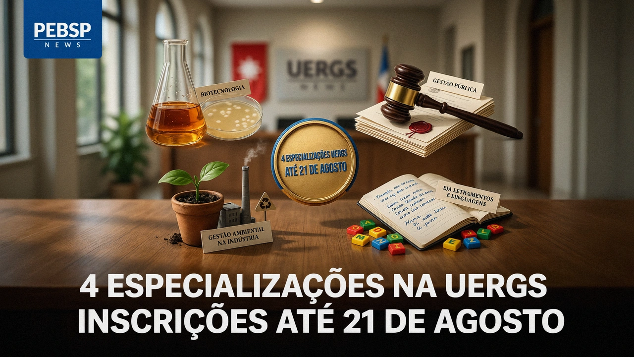 UERGS oferece 4 especializações lato sensu em Biotecnologia, Gestão Pública, Gestão Ambiental e EJA. Inscrições até 21 de agosto de 2026.