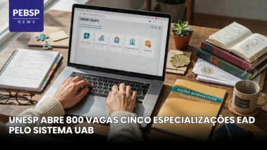 UNESP abre 800 vagas em 5 especializações EaD com inscrições até 5 de agosto. Sorteio eletrônico, cotas e seleção sem prova.