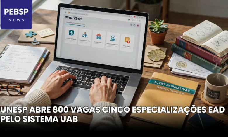 UNESP abre 800 vagas em 5 especializações EaD com inscrições até 5 de agosto. Sorteio eletrônico, cotas e seleção sem prova.