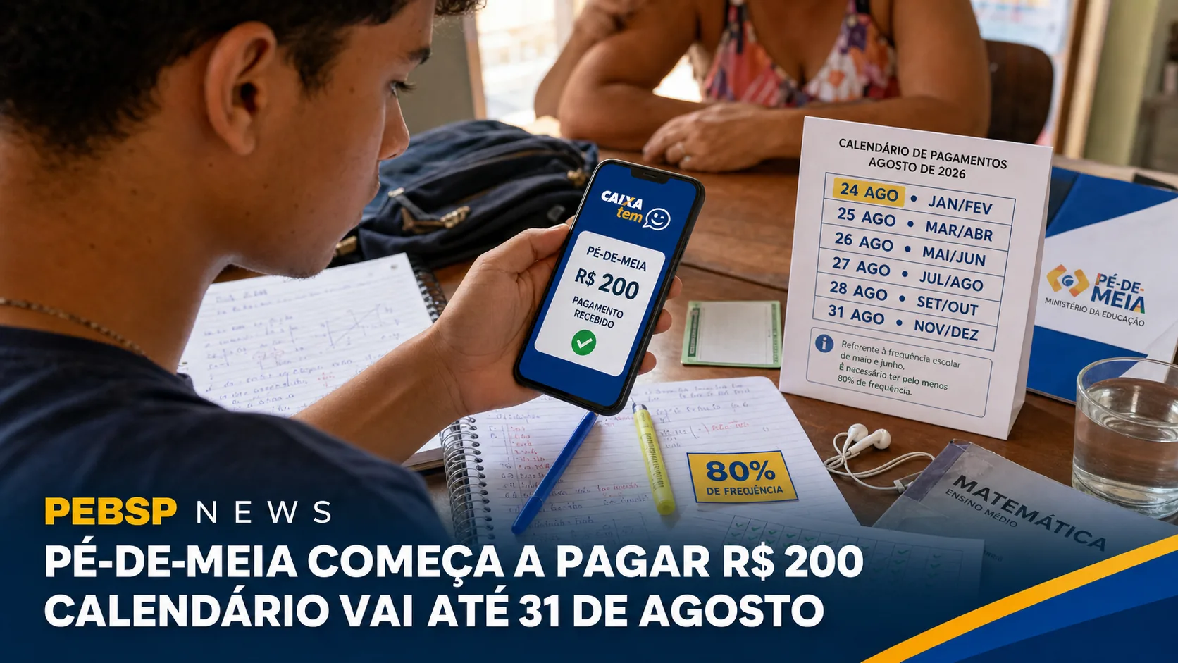 Pé-de-Meia paga a parcela de agosto entre os dias 24 e 31. Consulte o calendário por mês de nascimento, o valor e as regras de frequência escolar.