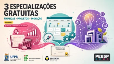 Confira 3 especializações gratuitas em Gestão com inscrições abertas: UFPB, IFSP e UNICENTRO somam 340 vagas, prazos entre 24 e 26 de agosto de 2026.