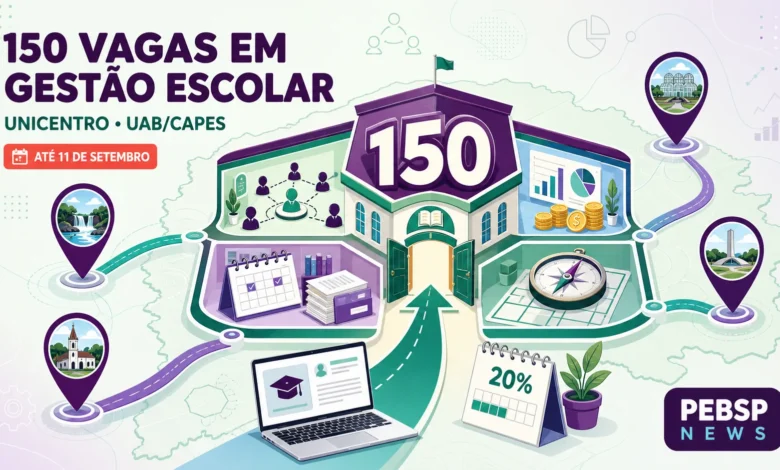 Unicentro abre 150 vagas remanescentes em especialização de Gestão Escolar a distância no Paraná, com inscrições até 11 de setembro de 2026.