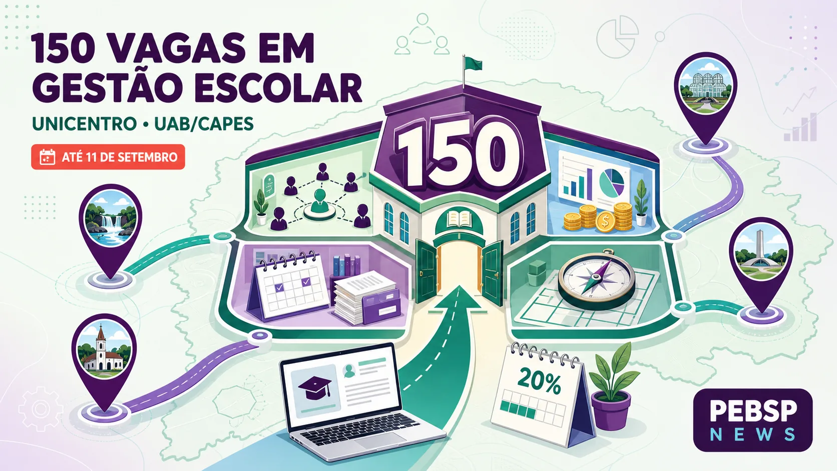 Unicentro abre 150 vagas remanescentes em especialização de Gestão Escolar a distância no Paraná, com inscrições até 11 de setembro de 2026.