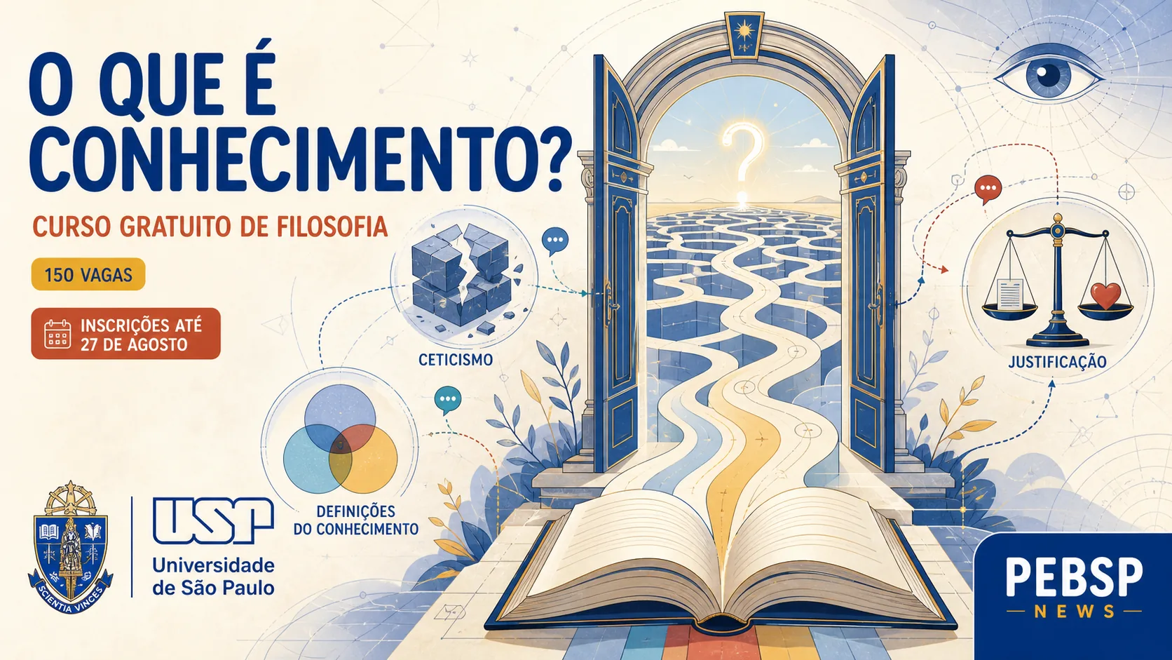 Epistemologia: fundamentos do conhecimento na Filosofia. Curso introdutório USP, 150 vagas. Inscrições até 27/08, sorteio 28/08. Confira.