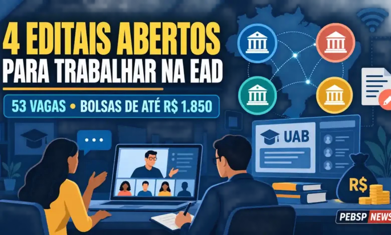 UFSM, Unifesp, IF Baiano e UFCA abrem seleções UAB para professores e tutores de cursos EaD, com bolsas de R$ 1.100 a R$ 1.850. Inscrições até 20/09/2026.