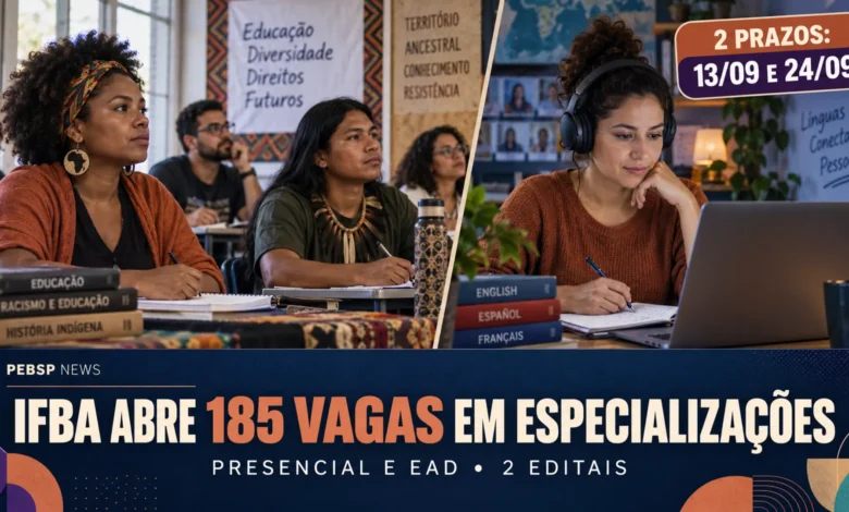 IFBA oferece 185 vagas em 2 especializações gratuitas, presenciais e EaD. Inscrições variam de encerradas a 24 de setembro; confira o comparativo.