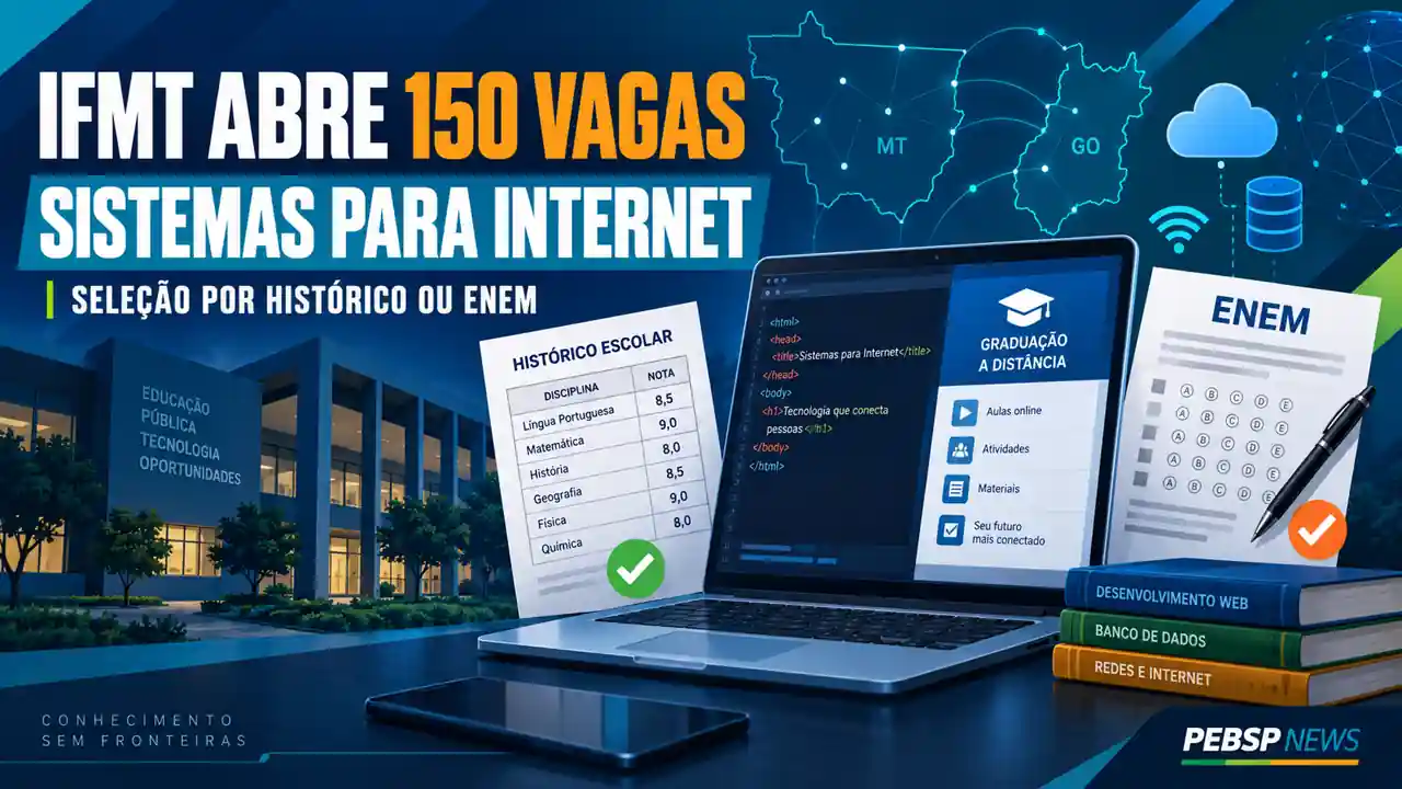 IFMT abre 150 vagas em Tecnologia em Sistemas para Internet, distribuídas em 7 polos, por histórico escolar ou ENEM. Inscrições até 20/09/2026, confira.