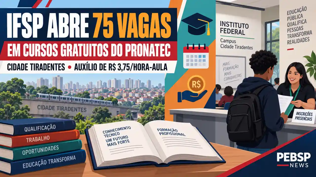 IFSP Cidade Tiradentes abre 75 vagas em cursos gratuitos do Pronatec com auxílio de R$ 3,75/hora. Inscrições até 16/set (presenciais); confira documentos.