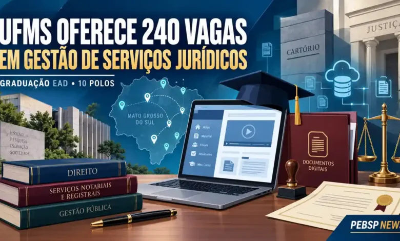 Gestão de Serviços Jurídicos e Notariais UFMS: 240 vagas EaD gratuitas em 2027. Cartórios, processos, documentação. Inscrições até nov/2026. Confira vagas.