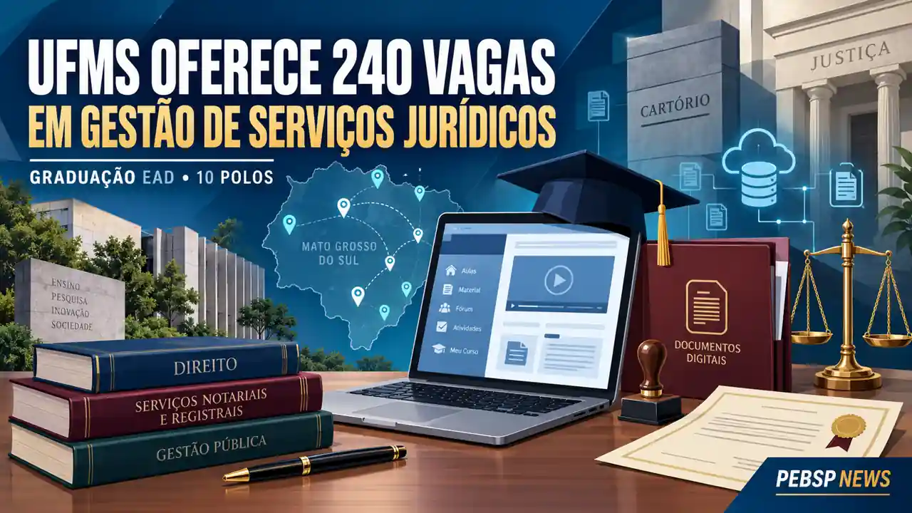 Gestão de Serviços Jurídicos e Notariais UFMS: 240 vagas EaD gratuitas em 2027. Cartórios, processos, documentação. Inscrições até nov/2026. Confira vagas.