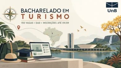 UnB abre 150 vagas em Bacharelado de Turismo a distância em 6 polos (AC, BA, GO). Seleção pelo Enem. Inscrições até 9 de setembro de 2026.