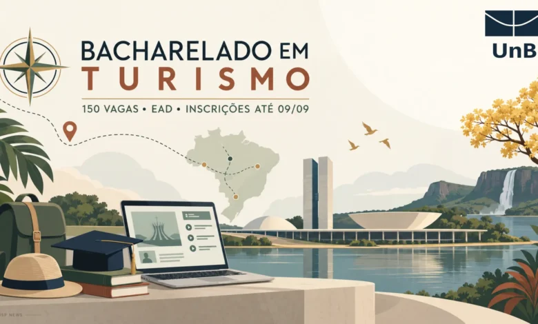 UnB abre 150 vagas em Bacharelado de Turismo a distância em 6 polos (AC, BA, GO). Seleção pelo Enem. Inscrições até 9 de setembro de 2026.