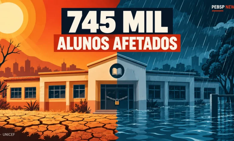 Relatório da UNICEF mostra que 745 mil estudantes brasileiros tiveram aulas interrompidas por eventos climáticos em 2025. Globalmente, 171 milhões foram afetados.