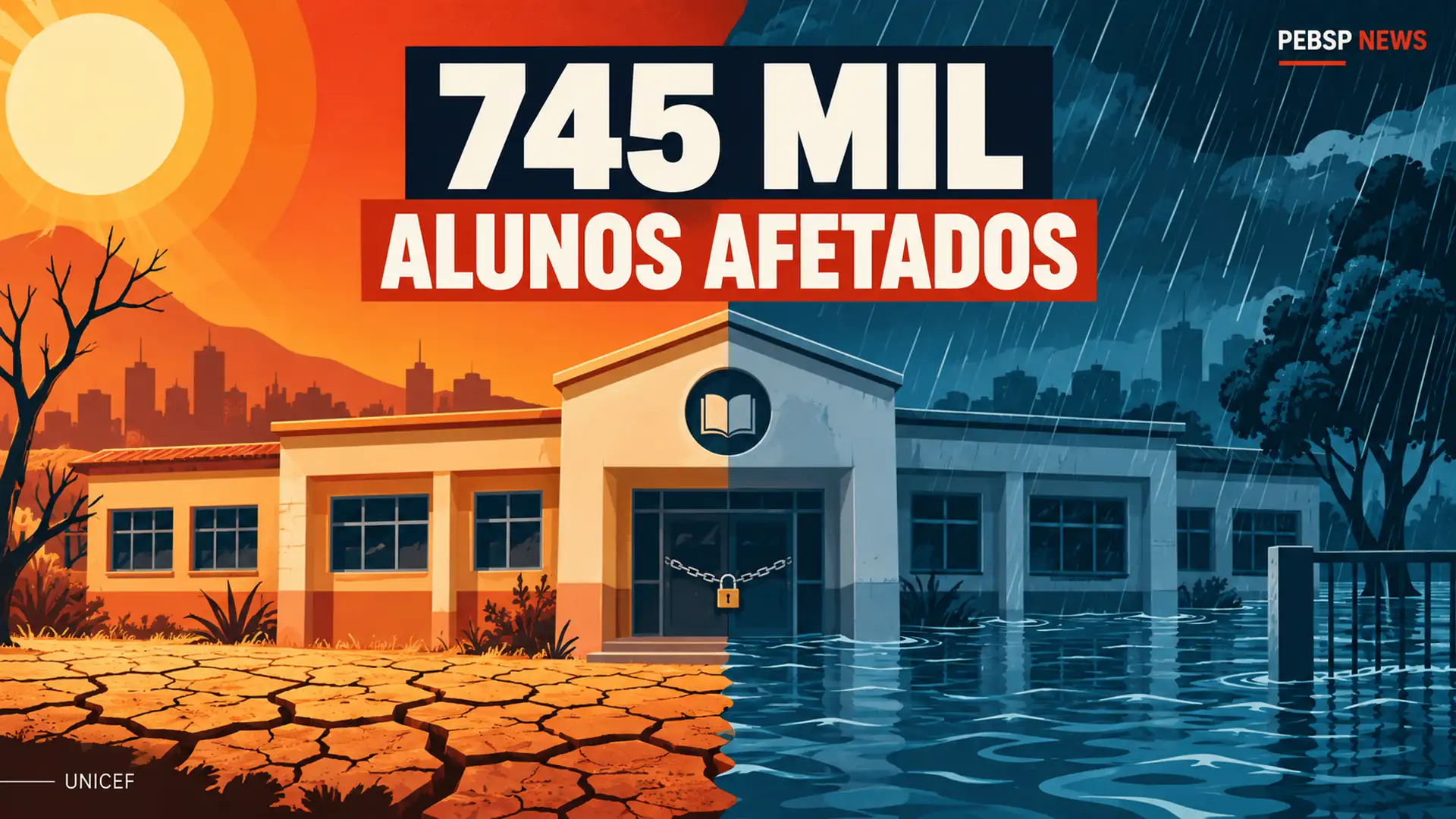 Relatório da UNICEF mostra que 745 mil estudantes brasileiros tiveram aulas interrompidas por eventos climáticos em 2025. Globalmente, 171 milhões foram afetados.