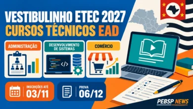 Procurando um curso técnico gratuito? Vestibulinho ETEC 2027 traz vagas EaD em Administração, Comércio e Desenvolvimento de Sistemas.