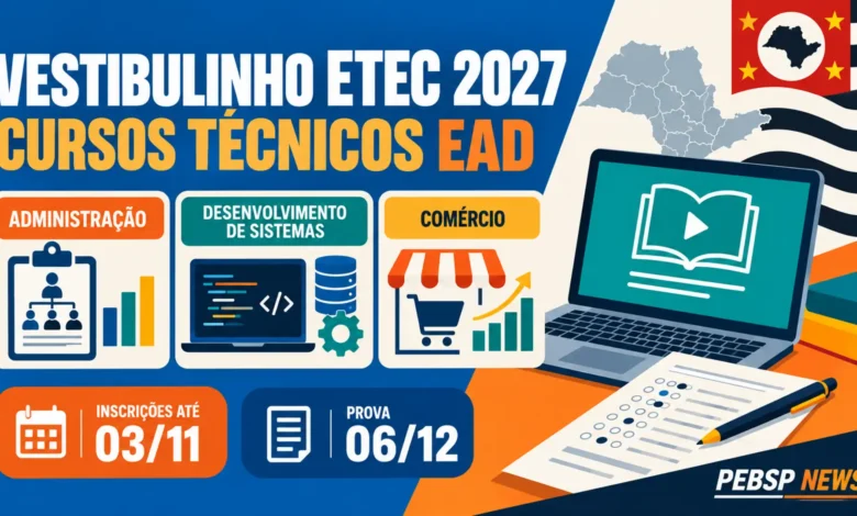 Procurando um curso técnico gratuito? Vestibulinho ETEC 2027 traz vagas EaD em Administração, Comércio e Desenvolvimento de Sistemas.